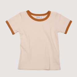 Tops: Retro Ringer Ribbed Tee - Oatmeal with Mustard Binds