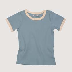 Tops: Retro Ringer Ribbed Tee - Dusty Blue