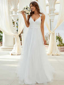 Simple Wedding Dress: Hope Double V Neck Lace Tulle Wedding Dress