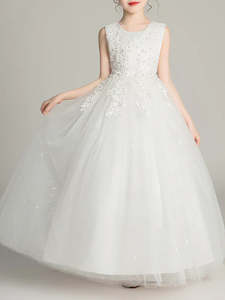 Emily Lace and Tulle Flower Girl Dress with Flower Appliques