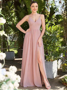 Pink Bridesmaids Dresses: Sleeveless V Neck Bridesmaid Dress with Spaghetti Straps