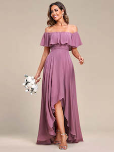 Pink Bridesmaids Dresses: Dianne Off Shoulder Chiffon High Low Bridesmaid Dress