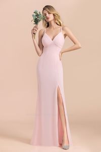 Pink Bridesmaids Dresses: Sheath V-Neck Chiffon Bridesmaid Dress with Spagheti Straps