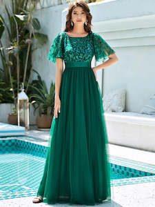 Green Bridesmaids Dresses: Lulu Sequin Print Maxi Long Evening Dresses with Cap Sleeve