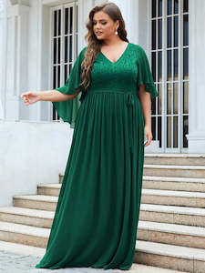Green Bridesmaids Dresses: Sandy Deep V Neck Evening Dress with Lace