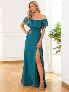 Green Bridesmaids Dresses: Mia Off Shoulder Ruffle Thigh with Split