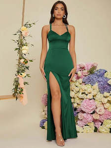 Green Bridesmaids Dresses: Cecilia Crisscross Backless Slit Thigh Satin Cami ball Dress