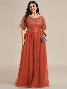 Orange Bridesmaids Dresses: Lulu Sequin Print Maxi Long Evening Dresses with Cap Sleeve