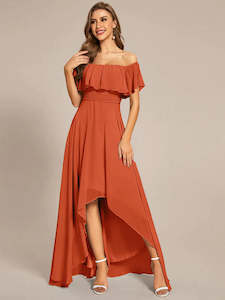 Orange Bridesmaids Dresses: Dianne Off Shoulder Chiffon Split High Low Bridesmaid Dress