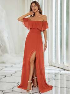 Orange Bridesmaids Dresses: Mia Off Shoulder Ruffle Thigh Split