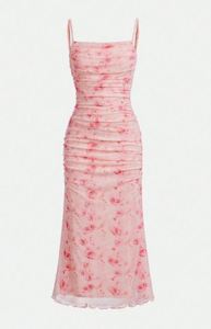 Girls Flower Pattern Mesh Pleated Cami Dress