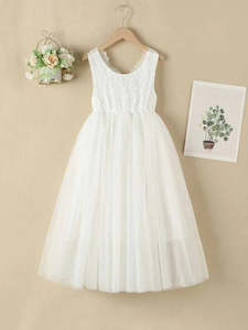 Flower Girl Dresses: Girls Contrast Lace Bodice Flared Mesh Hem Dress