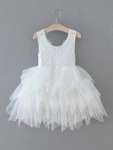 Flower Girl Dresses: Girls Lace Bodice Layered Mesh Hem Dress