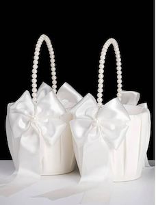 Flower Girl Accessories: Flower Girl Basket With Silk Rose Flowers and Pearl handle