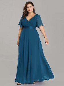 Teal Bridesmaids Dresses: Jacqui Double V-Neck Ruffle Sleeve Bridesmaids Dress