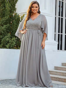 Sandy Deep V Neck Evening Dress with Lace
