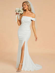 Simple White Wedding Dresses: Angie Off shoulder fitted Wedding Dress