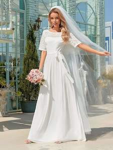 Simple White Wedding Dresses: Destiny Maxi Long Lace Illusion Plus Size Wedding Dress