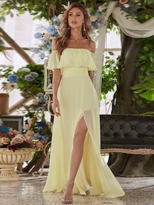 Yellow Bridesmaids Dresses: Mia Off Shoulder Ruffle Thigh Split