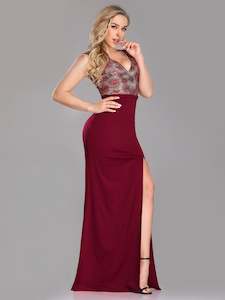 Plus Size Dresses: Floral Sequin Print Burgundy Ball/ Evening Dress