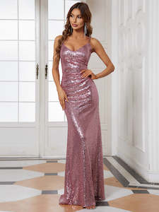 Plus Size Dresses Pink: Sabrina Sexy Spaghetti Straps Fishtail Sequin Evening Gown