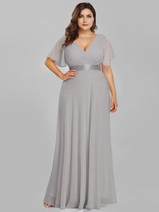 Plus Size Dresses Grey: Jacqui Double V-Neck Ruffle Sleeve Bridesmaids Dress