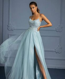 Ball Evening Dresses Blue: Tiana Split Thigh Mesh Formal Dress