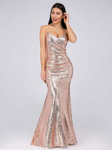 Ball Evening Dresses Gold: Sabrina Spaghetti Strap Fishtail Sequin Evening Gown