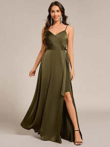 Olive Split Satin Bridesmaid Dress with Streamer