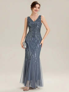 Carolina fish tail Beaded V-Neck dress