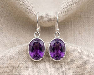 Sterling Silver Oval-Cut Amethyst Drop Earrings