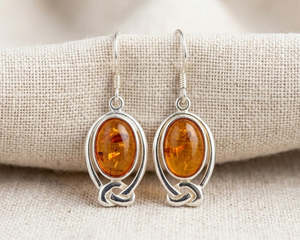 Earrings 1: Sterling Silver Infinity Knot Amber Drop Earrings