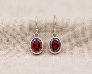 Earrings 1: Sterling Silver Oval Garnet Drop Earrings