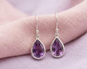 Earrings 1: Sterling Silver Pear-Cut Amethyst Drop Earrings