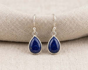 Sterling Silver Teardrop Cabochon-Cut Lapis Lazuli Drop Earrings
