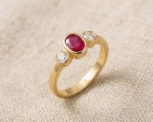 18K Yellow Gold Oval Ruby & Diamond Trilogy Ring