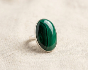 Rings 1: Sterling Silver Oval Cabochon-Cut Malachite Ring