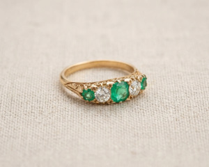 Emerald: 18K Yellow Gold Five-Stone Emerald & Diamond Ring
