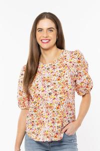 top: Relaxed Carefree top, colourful blossom