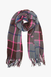 Accessories: Chocolate plaid scarf, pink and blue