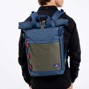 By Designer Mens: Roll Top Backpack - Navy and Khaki