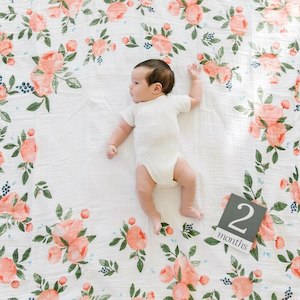 Little Unicorn: Muslin Photo Blanket & Milestone Set - Watercolour Roses