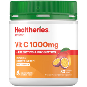 Immunity Support: Healtheries, Vitamin C 1000mg Prebiotics & Probiotics, 80 Chewable Tablets