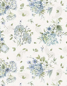 Wilmington Fabrics: Wilmington Bohemian Blue - Tossed Bouquets Cream