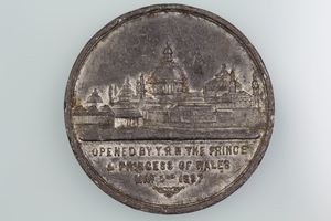 GB ROYAL JUBILEE EXHIBITION MANCHESTER 1887 MEDAL IN WHITE METAL