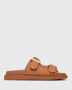 Womens Footbed Sandals: ASTAR Leather Woven Strap Footbed Slides