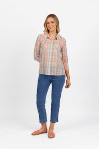 4384 Peach Check Button Front Shirt with Tab Sleeve - BE U