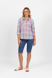 4384 Pink Check Button Front Shirt with Tab Sleeve - BE U