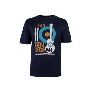 Products: BEN SHERMAN - Mod Guitar Poster Tee Dark Navy - This iconic brand is available for big men at Beggs Wairau and online - Ben Sherman