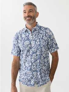 Men's Short Sleeve Denin/ White Floral Printed Shirt New Zealand // Lowes